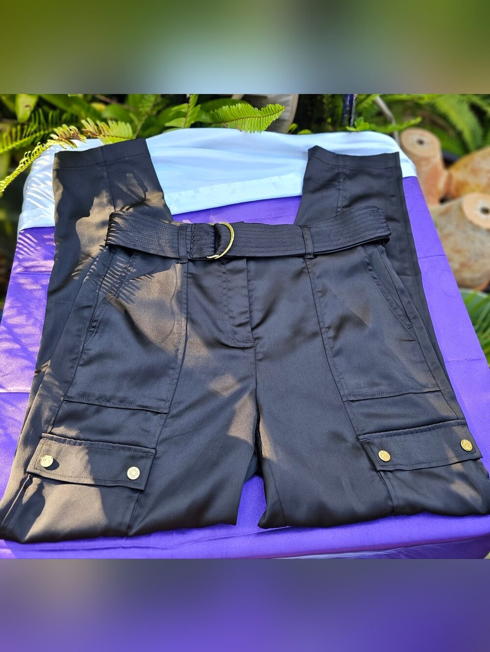 White House Black Market WHBM Black Satin Cargo Pants Size 0 ✨ Belted Wide Leg